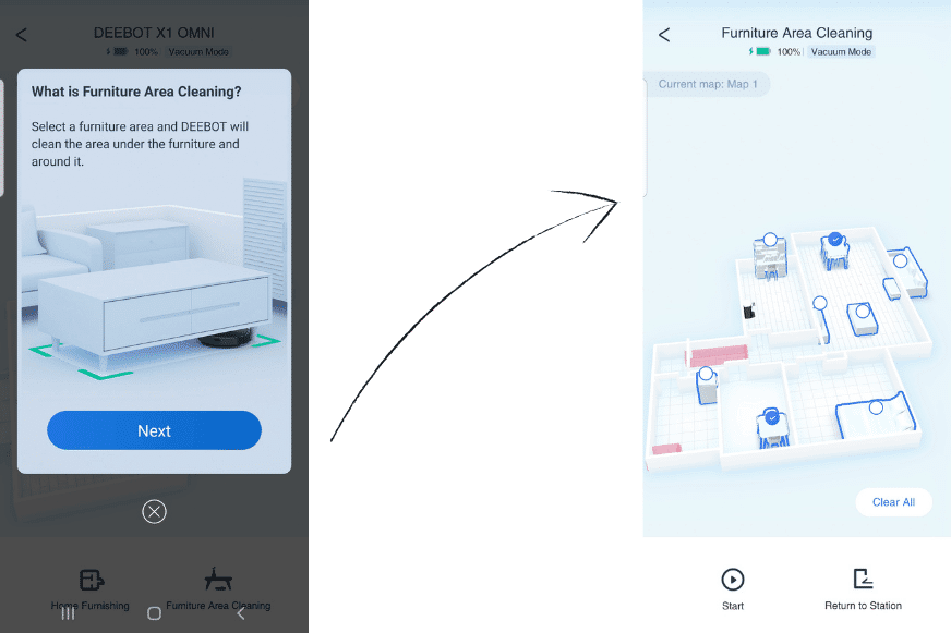 In the 3D map of the Ecovacs Deebot X1 OMNI, it is set that the robot only cleans under the furniture.